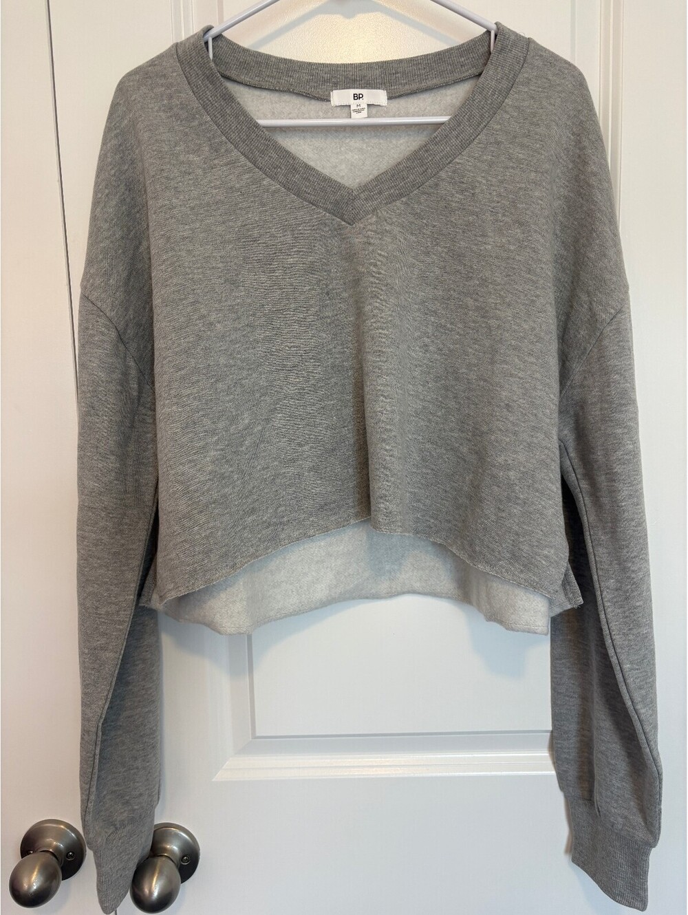 BP Grey Heather Cropped V-Neck Softcore Sweatshirt, Size M, New with Tags